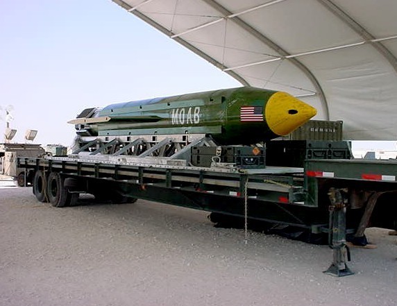 This undated photo provided by Eglin Air Force Base shows a GBU-43B, or massive ordnance air blast weapon, the U.S. military's largest non-nuclear bomb, which contains 11 tons of explosives. Photo: Eglin Air Force Base / AP.
