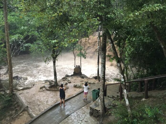 Erawan Falls as of Monday morning. Photo: Erawan National Park / Facebook