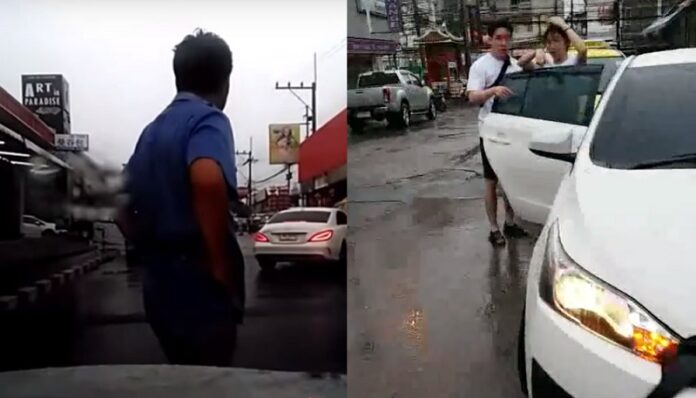 At left, a taxi driver stands in front of Uber driver Surasak Khookam’s car to block him. At right, foreign passengers are ordered out of his car.