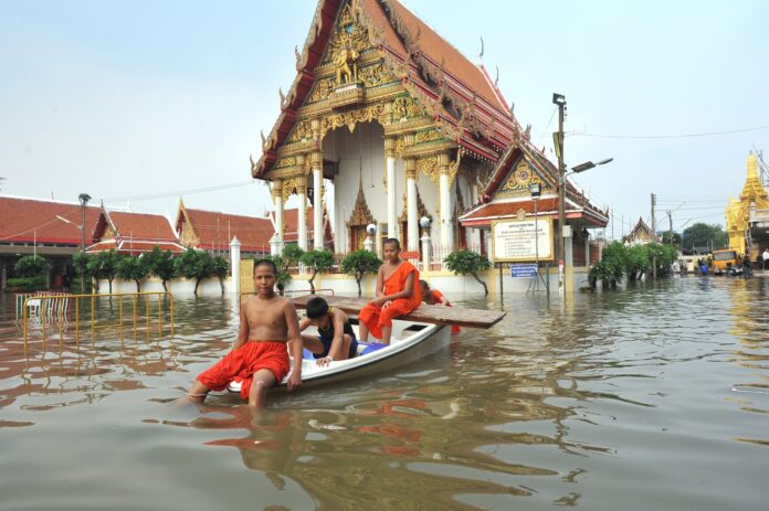 Novice monks paddle Thursday around Bangkok’s Wat Lat Phrao.
