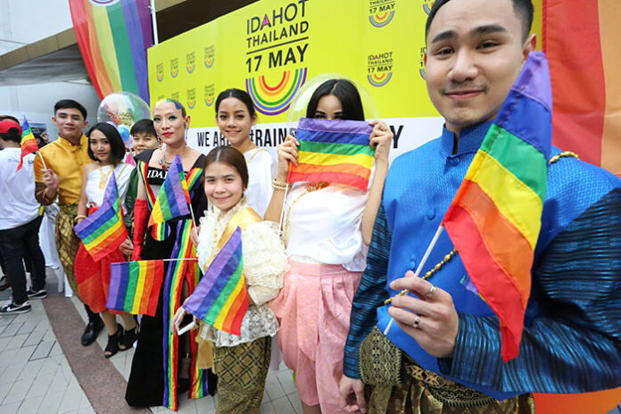 People celebrate 'IDAHOT' on Wednesday at the Bangkok Art and Culture Centre.