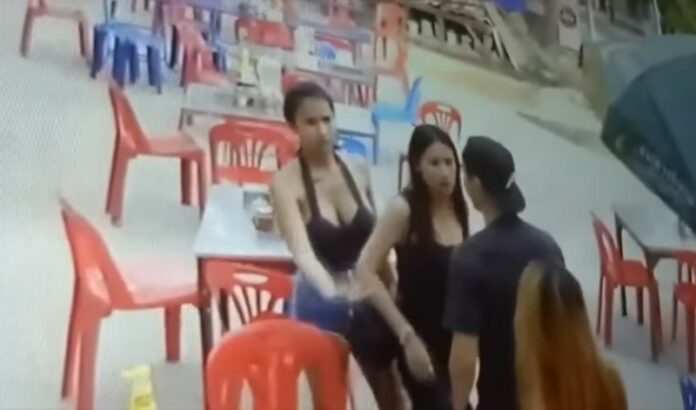 A still image from security camera footage of a Saturday night altercation at a congee restaurant on Koh Samui.