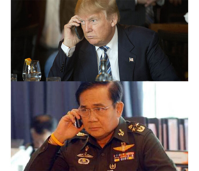At top, then candidate Donald Trump listens to his mobile phone at a Feb. 18, 2016, campaign stop. Photo: Associated Press. Below, then army chief Prayuth Chan-ocha uses a phone in 2013. Photo: Matichon