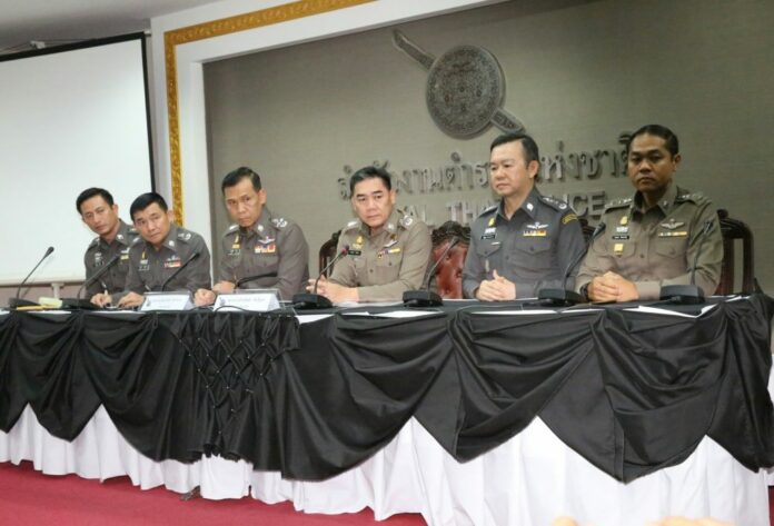 Police commissioner Chakthip Chaijinda and his spokesman team take questions from reporters at the Royal Thai Police headquarters, June 4, 2017.