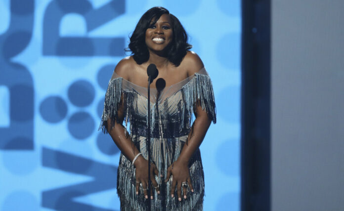 Remy Ma speaks at the BET Awards at the Microsoft Theater on Sunday in Los Angeles. Photo: Matt Sayles/AP.