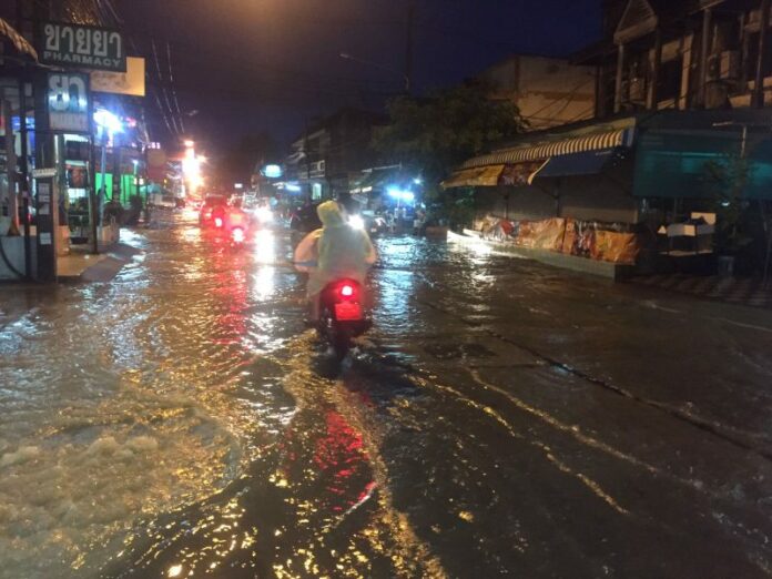 Flooded streets after an hour of heavy rain Thursday night in Pattaya