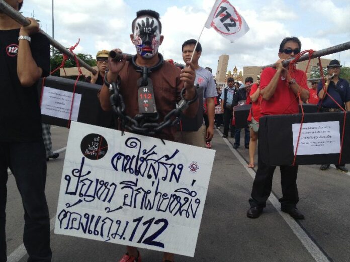 Petitioners march in May 2012 in Bangkok to call for amendments to Section 112 of the Penal Code, a law also known as lese majeste.