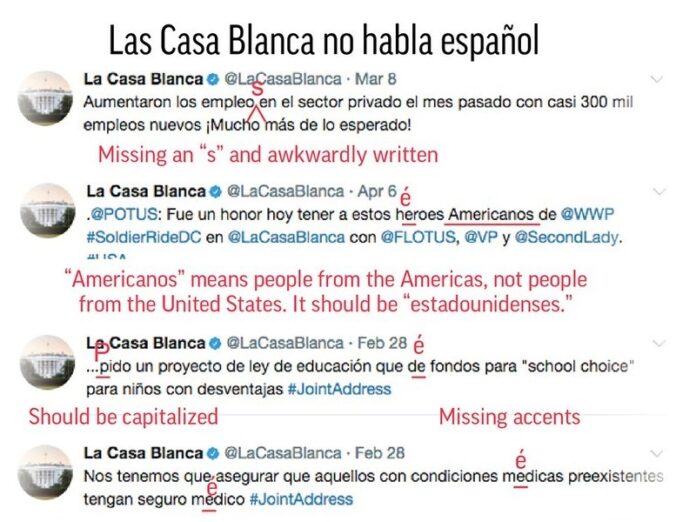 A graphic examines the grammatical errors of the White House Spanish Twitter account. Photo: Associated Press