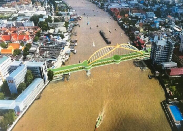 A rendering of the two-floor footbridge and bicycle lane spanning between Tha Prachan and Wang Lang piers revealed to the public on Friday. Image: Bangkok Metropolitan Administration