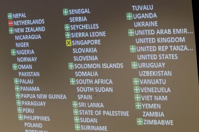 A detail of the video board showing the votes in favor, against and the abstention is seen after a vote by the conference to adopt a legally binding instrument to prohibit nuclear weapons, leading towards their total elimination, Friday at United Nations headquarters. More than 120 countries have approved the first-ever treaty banning nuclear weapons at a U.N. meeting boycotted by all nuclear-armed nations. Friday's vote was 122 countries in favor with the Netherlands opposed and Singapore abstaining. Photo: Mary Altaffer / Associated Press