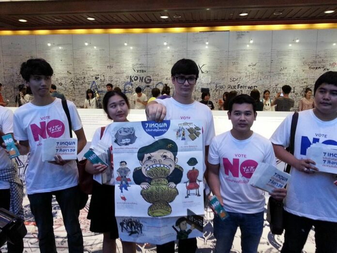 'Vote No' activists campaign against the junta-backed referendum at a book fair in Bangkok on April 6, 2016.