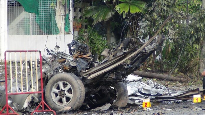 Remains of a truck which exploded Aug. 17, 2017 outside the Mayo Police Station in Pattani province.