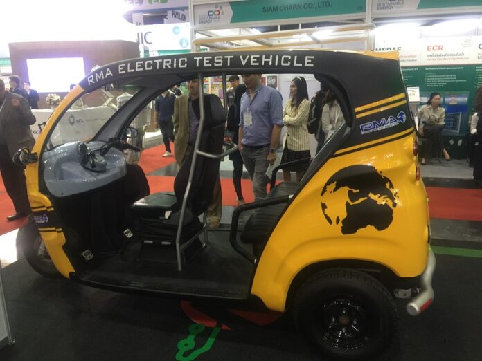 An electric tuk tuk seen here last month during the annual Techsauce Summit in Bangkok.