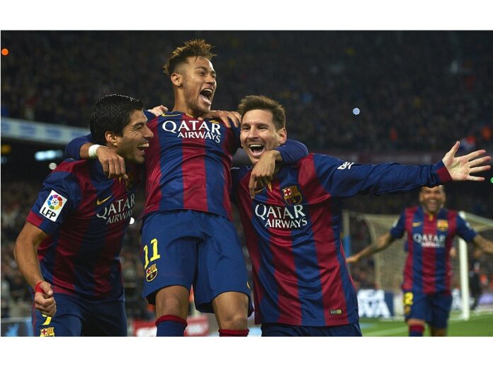 FC Barcelona's Lionel Messi, right, Neymar, center, and Luis Suarez, celebrate after scoring against Atletico Madrid during a Spanish La Liga soccer match in 2015 at the Camp Nou stadium in Barcelona, Spain. Photo: Siu Wu / Associated Press