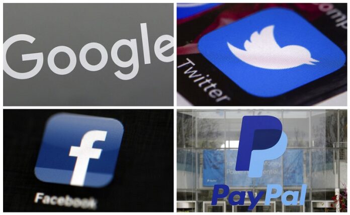 This photo combo of images shows, clockwise, from upper left: a Google sign at a store in Hialeah, Fla., the Twitter app displayed on a smartphone, PayPal headquarters in San Jose, Calif., and the Facebook app displayed on an iPad. It took a violent rally to get tech companies, such as these and others, to do what civil rights groups have been calling for for years: take a firmer stand against accounts used to promote hate and violence. Photo: Associated Press