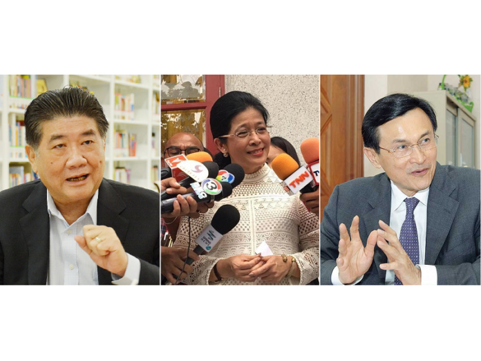 Three possible successors to lead the post-Yingluck Shinawatra opposition, from left: Phumtham Wechayachai, Sudarat Keyuraphan and Chaturon Chaisang.