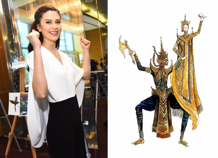 Miss Universe Thailand Maria Poonlertlart Ehren, at left, at a Monday viewing of costume designs. At right, Prapakart Angsusing’s winning submission for the national costume she will wear in Las Vegas later this year. It depicts an ogre chasing a maiden from a scene in the Ramakien. Photo: Miss Universe Thailand / Facebook