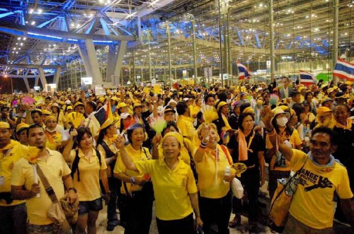 Yellowshirt protesters occupied Suvarnabhumi Airport from Nov. 25, 2008, to Dec. 3, 2008, to pressure then Prime Minister Somchai Wongsawat into resigning.
