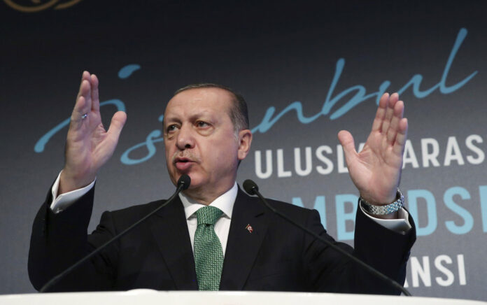 Turkish President Recep Tayyip Erdogan speaks at a Monday meeting in Istanbul. Photo: Pool / Associated Press