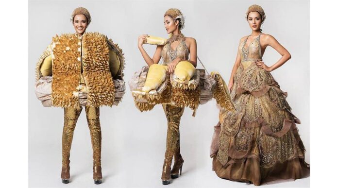 Thaweeporn ‘Aoom’ Phingchamrat wears her King of Fruits costume, with which she won Best National Costume at the Miss United Continents 2017 pageant in Ecuador Monday. Photo: Matichon
