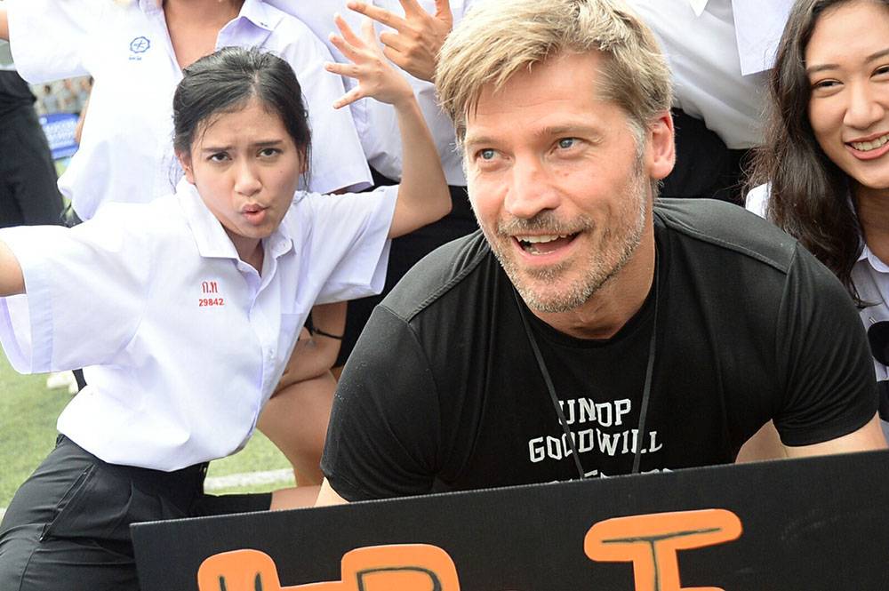 Nikolaj Coster-Waldau of 'Game of Thrones' fame with players on Saturday morning at Bangkok's NIST International School.