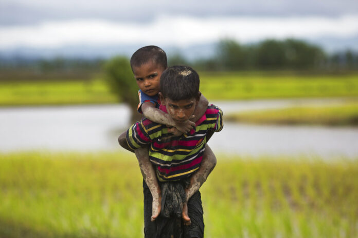 A young Rohingya Muslim boy from Myanmar carries a child on his back on and walks through rice fields after crossing over to the Bangladesh side of the border in 2017 near Cox's Bazar's Teknaf area in Bangladesh. Photo: Bernat Armangue / Associated Press
