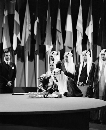 A Saudi artist's montage of King Faisal and Jedi master Yoda. in 1945 at the United Nations. Image: Abdullah Al Shehri