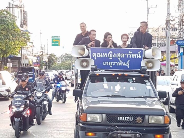 Sudarat Keyuraphan stands atop a speaker truck Sunday in Bangkok. Photo: Arnond Sakworawich / Facebook