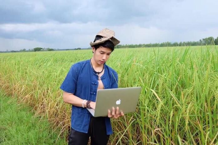 Wachrin Tankuranant poses with a MacBook in a rice field in a photo posted to his Facebook account on Oct. 2.