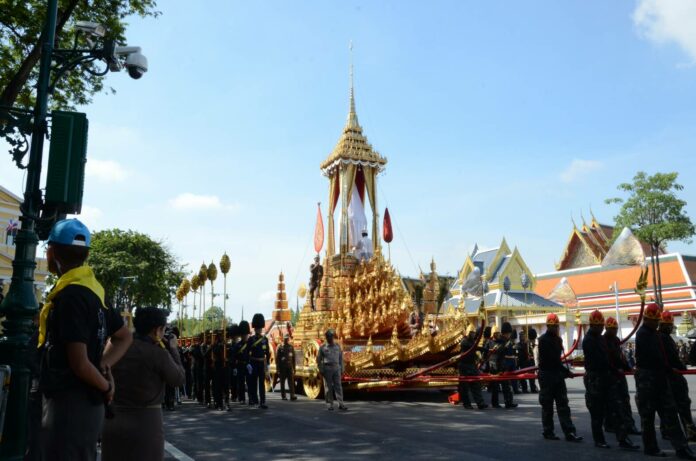 A royal chariot in the cremation procession rehearsal Sunday morning at Sanam Luang.