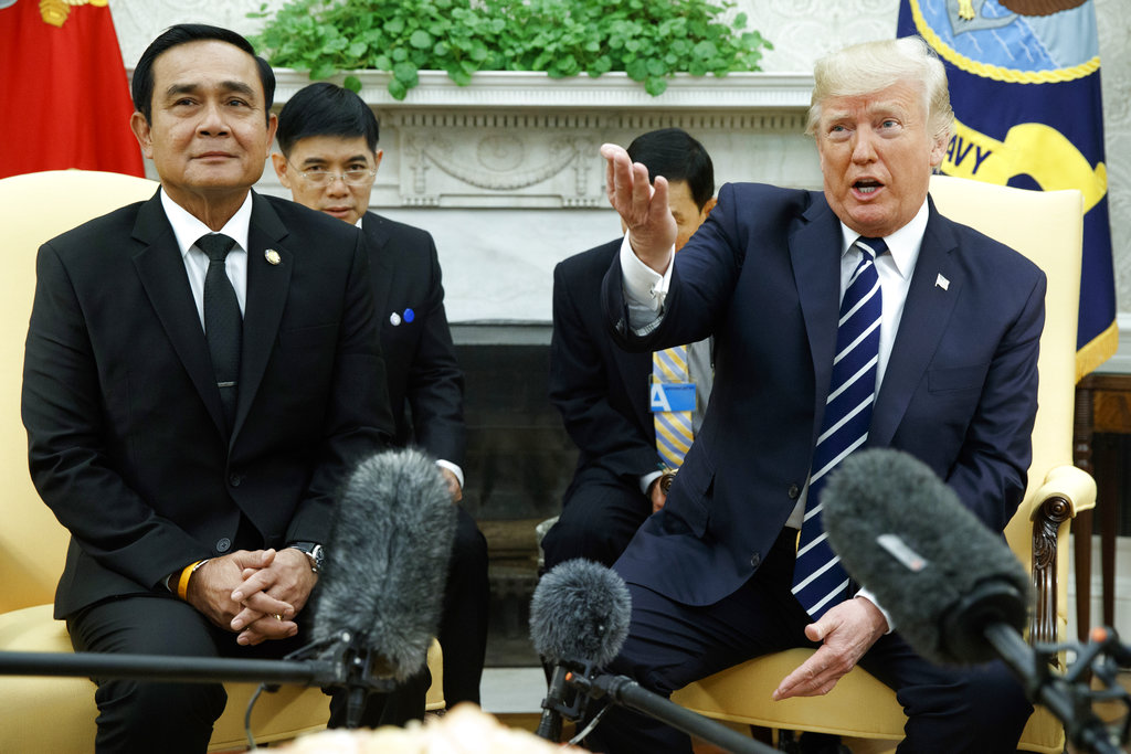 President Donald Trump speaks during a meeting with Thai Prime Minister Prayuth Chan-ocha on Monday in the Oval Office of the White House. Photo: Evan Vucci / Associated Press