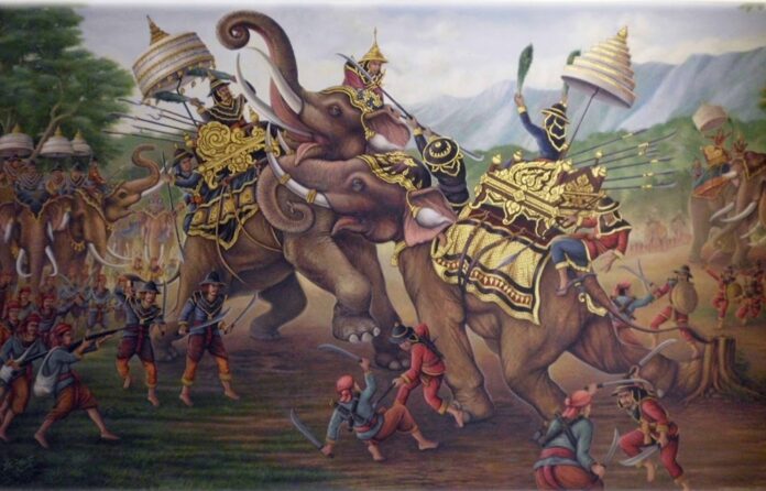 A painting depicts a famed tale of King Naresuan claiming sovereignty for the Ayutthaya kingdom by defeating a Burmese prince while mounted atop an elephant.