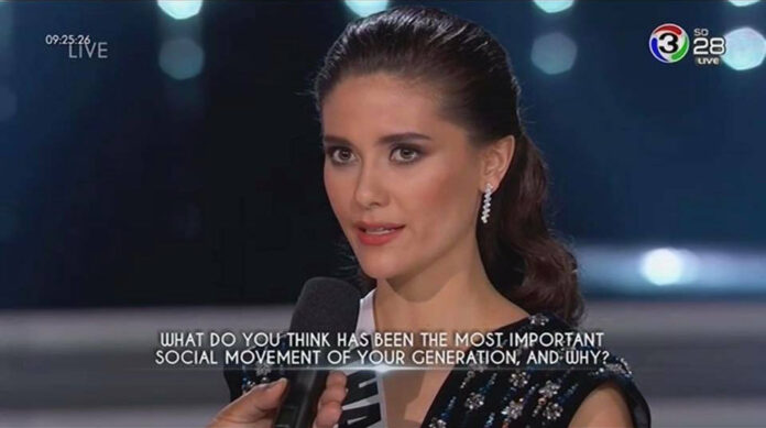 Maria Poonlertlarp Ehren answers her final-round question at the Miss Universe 2017 pageant Monday morning.