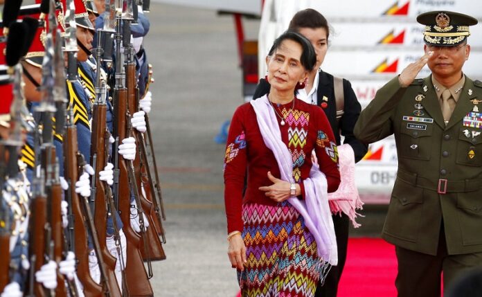 Myanmar leader Aung San Suu Kyi arrives last year at Clark International Airport, north of Manila, Philippines to attend the 31st ASEAN Summit and Related Summits in Manila. Photo: Bullit Marquez / Associated Press
