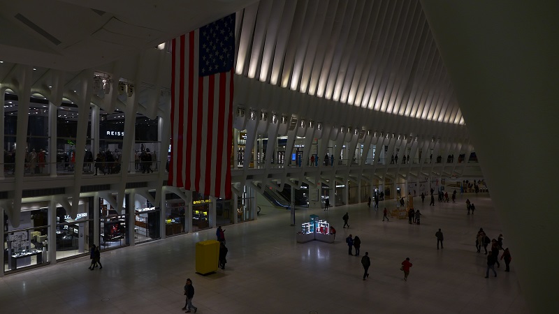 Interior of the nearby World Trade Center transportation hub which opened in 2016, 15 years after an important transportation nexus was destroyed in the attack.