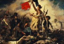 Voranai: Democracy’s Destructive Path to Victory A woman personifying the Goddess of Liberty leads the people forward holding the revolutionary flag that became today's French flag in 'Liberty Leading the People.' Eugène Delacroix, 1830.