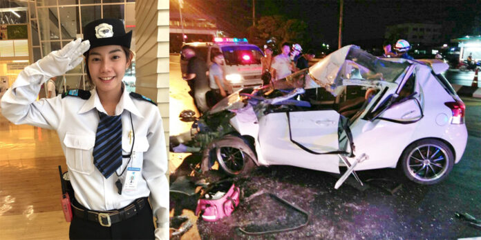 Wanladar Kantaponjaruntorn in her security guard uniform in June. At right, the car she was in after it crashed into a heavy truck Wednesday morning.
