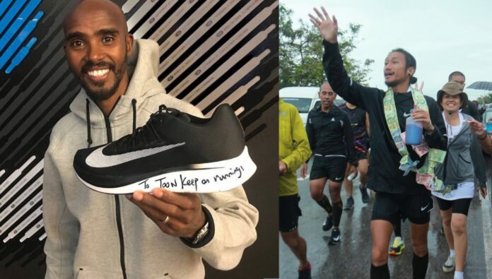Left, Mo Farah holds up a shoe to encourage Artiwara. Right, Artiwara “Toon Bodyslam” runs Saturday in Nakhon Si Thammarat.