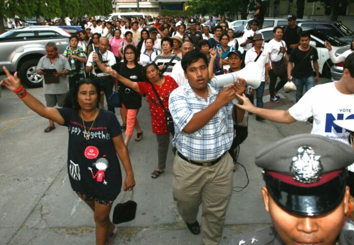 Sirawith Seritiwat leads an anti-junta demonstration on May 7, 2016, in Bangkok