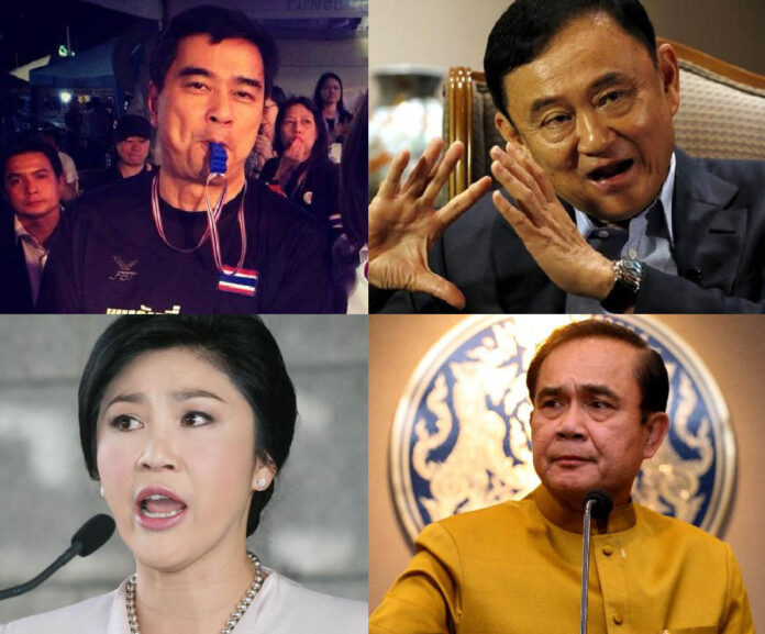 Clockwise from top left, Abhisit Vejjajiva, Thaksin Shinawatra, Yingluck Shinawatra and Prayuth Chan-ocha.