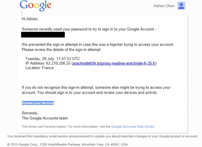 This image shows a portion of a phishing email sent to New York-based journalist Adrian Chen on July 28, 2015. Image: Associated Press
