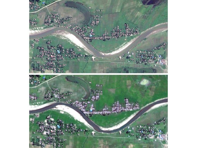 A combination of satellite images provided Monday by the Human Rights Watch / Digital Globe show four villages in Maungdaw township, northern Rakhine state, Myanmar, on Nov. 6 (top) and Dec. 2 (bottom), 2017. Photo: Associated Press