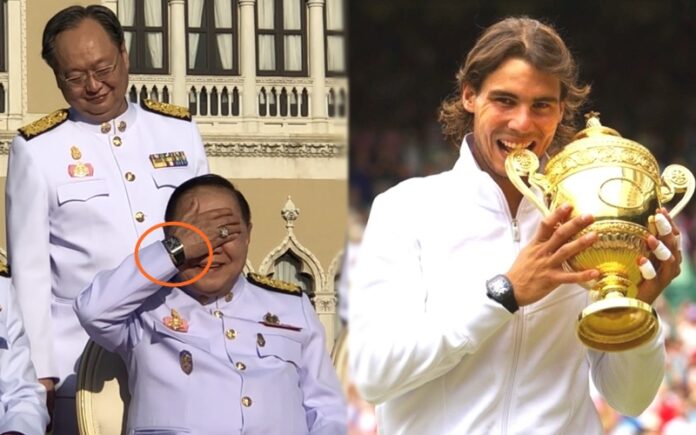 Gen. Prawit Wongsuwan, at left, is seen sporting the same brand of luxury worn by tennis superstar Rafael Nadal, at right.