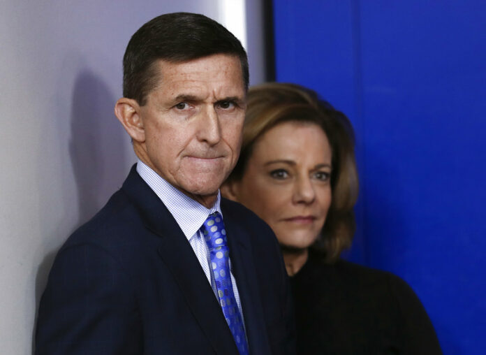 Then-National Security Adviser Michael Flynn, joined by K.T. McFarland, then-deputy national security adviser, on Feb. 1, 2017, at a daily news briefing at the White House. Photo: Carolyn Kaster / Associated Press