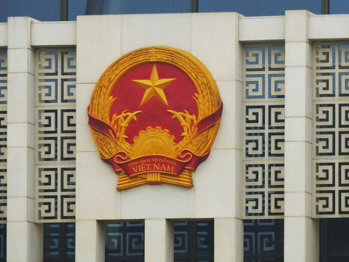 This undated photo shows the emblem of the Vietnamese communist party on a government building.