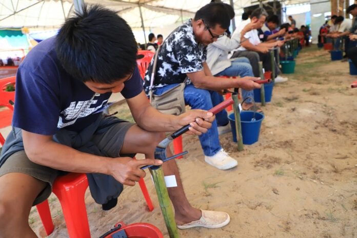 Exhibition participants learn how to extract rubber Thursday