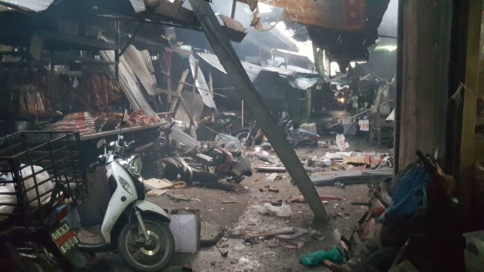A scene of devastation at a market in Yala following Monday's bomb attack which kills three people