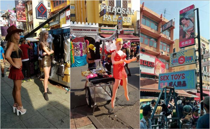 Extras dressed as women that would not have looked out of place on Soi Cowboy raised eyebrows and ire when they appeared on Khaosan Road as part of a film production.