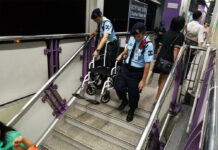 Three Years of Excuses Later, BTS Still Not Accessible Private security carry a commuter's wheelchair down the stairs Tuesday at BTS Saphan Taksin. Three years after the highest court gave the city 12 months to make all stations wheelchair-accessible, the work remains incomplete.