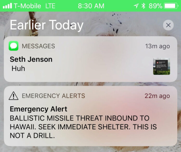 This smartphone screen capture shows a false incoming ballistic missile emergency alert sent from the Hawaii Emergency Management Agency system on Saturday, Jan. 13, 2018. Photo: Marco Garcia / Associated Press